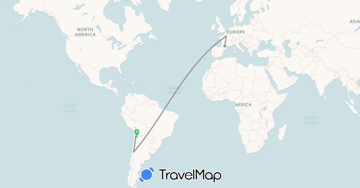 TravelMap itinerary: driving, bus, plane in Chile, France (Europe, South America)